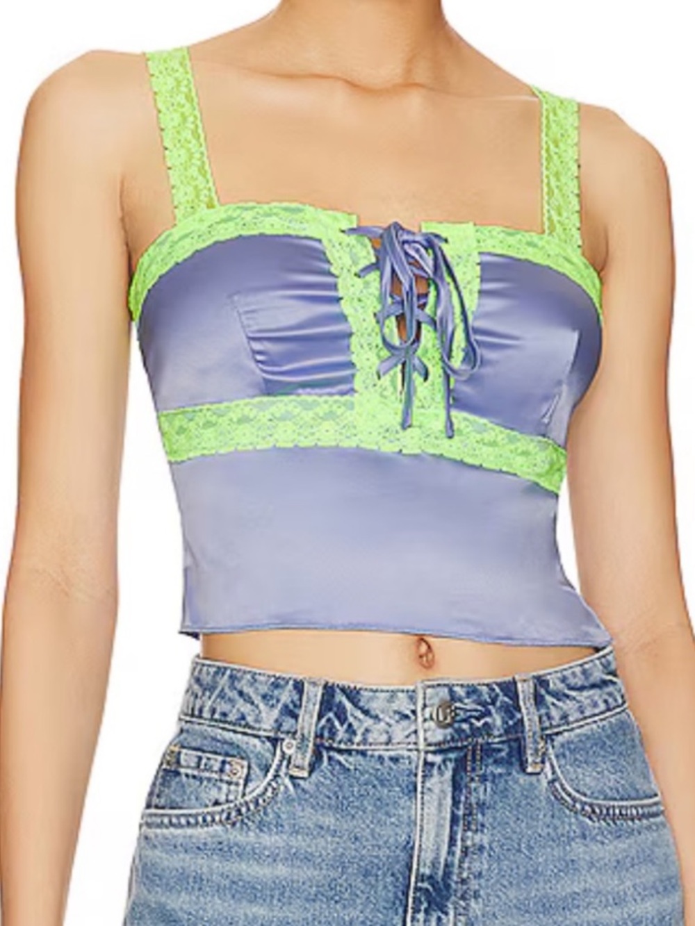 Superdown Adele Lace Satin Cami Tank Top Blue Green Sz Small Y2K Fairy Mermaid